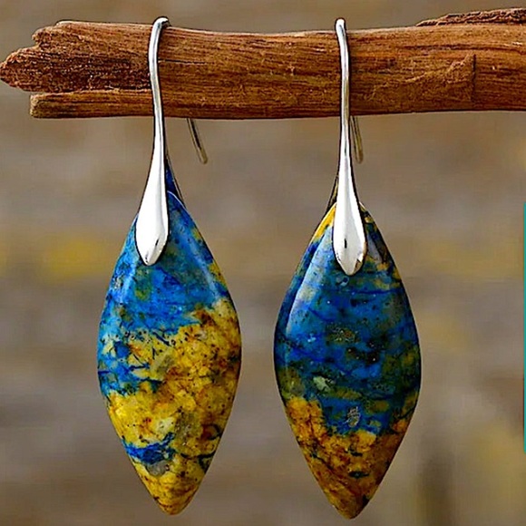 Blue and Brownn Jasper Leaf Earrings Dangle Natural Stone Drop Gift Silver - Picture 1 of 2